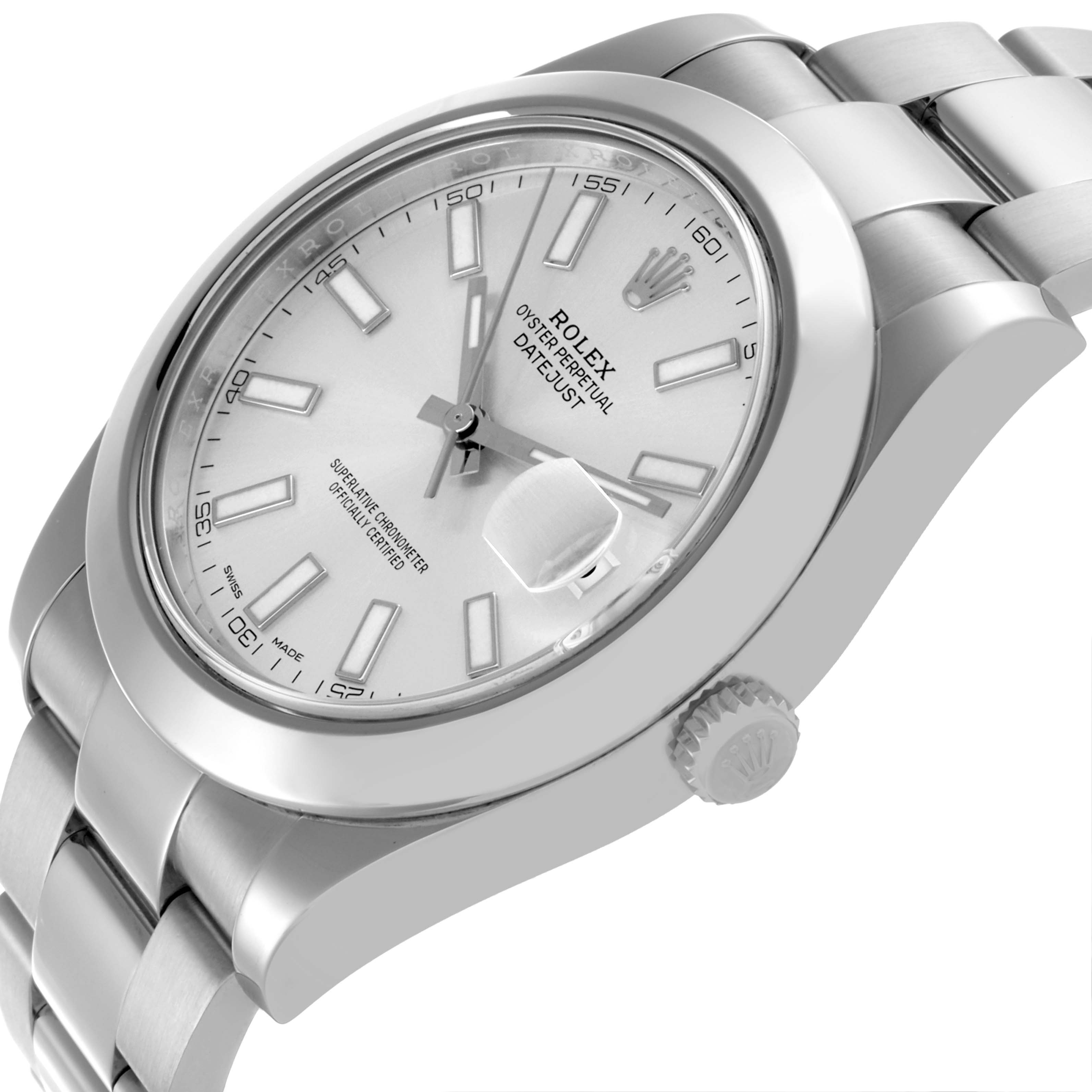 The Rolex Datejust 41 116300 Men's Stainless Steel Silver Dial 116300 Men's Stainless Steel Silver Dial is angled to show the face, bezel, crown, and part of the bracelet.
