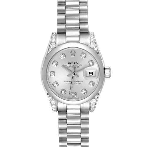 The image shows a front view of a Rolex President 179296 Women's Platinum Silver Dial 179296 Women's Platinum Silver Dial model watch, featuring its face, bracelet, and crown.