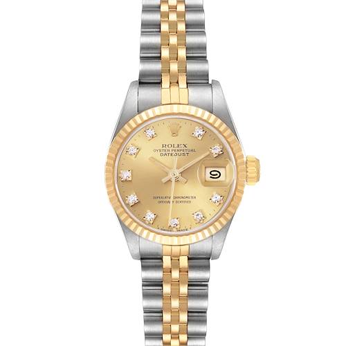 The Rolex Datejust 69173 Women's Steel and Gold (two tone) Champagne Dial 69173 Women's Steel and Gold (two tone) Champagne Dial watch is shown from a front angle, highlighting the dial, bezel, and bracelet.