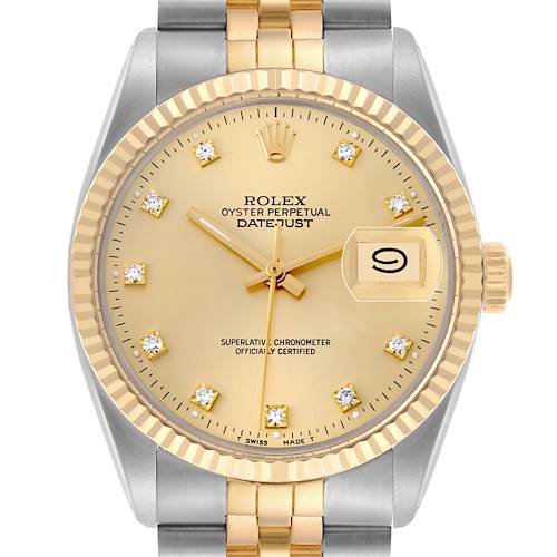 The Rolex Datejust 16013 Men's Steel and Gold (two tone) Champagne Dial 16013 Men's Steel and Gold (two tone) Champagne Dial watch is shown from a frontal angle, displaying the dial, bezel, crown, and part of the bracelet.