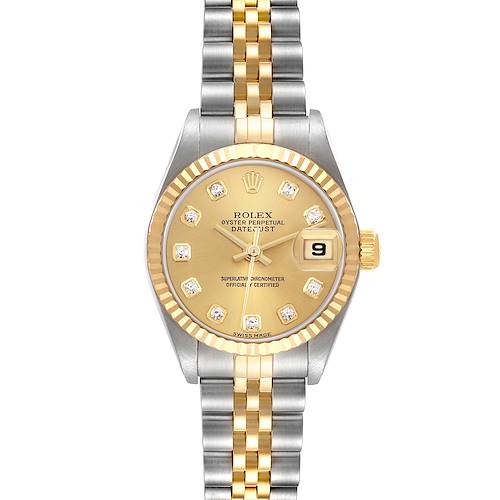 The Rolex Datejust 79173 Women's Steel and Gold (two tone) Champagne Dial 79173 Women's Steel and Gold (two tone) Champagne Dial watch is shown from a front angle, displaying its gold dial, bezel, and two-tone bracelet.