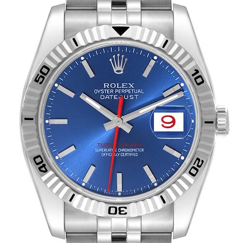 The image shows a front view of a Rolex Turn-o-Graph 116264 Men's Stainless Steel Blue Dial 116264 Men's Stainless Steel Blue Dial watch with a stainless steel bracelet and a blue dial.