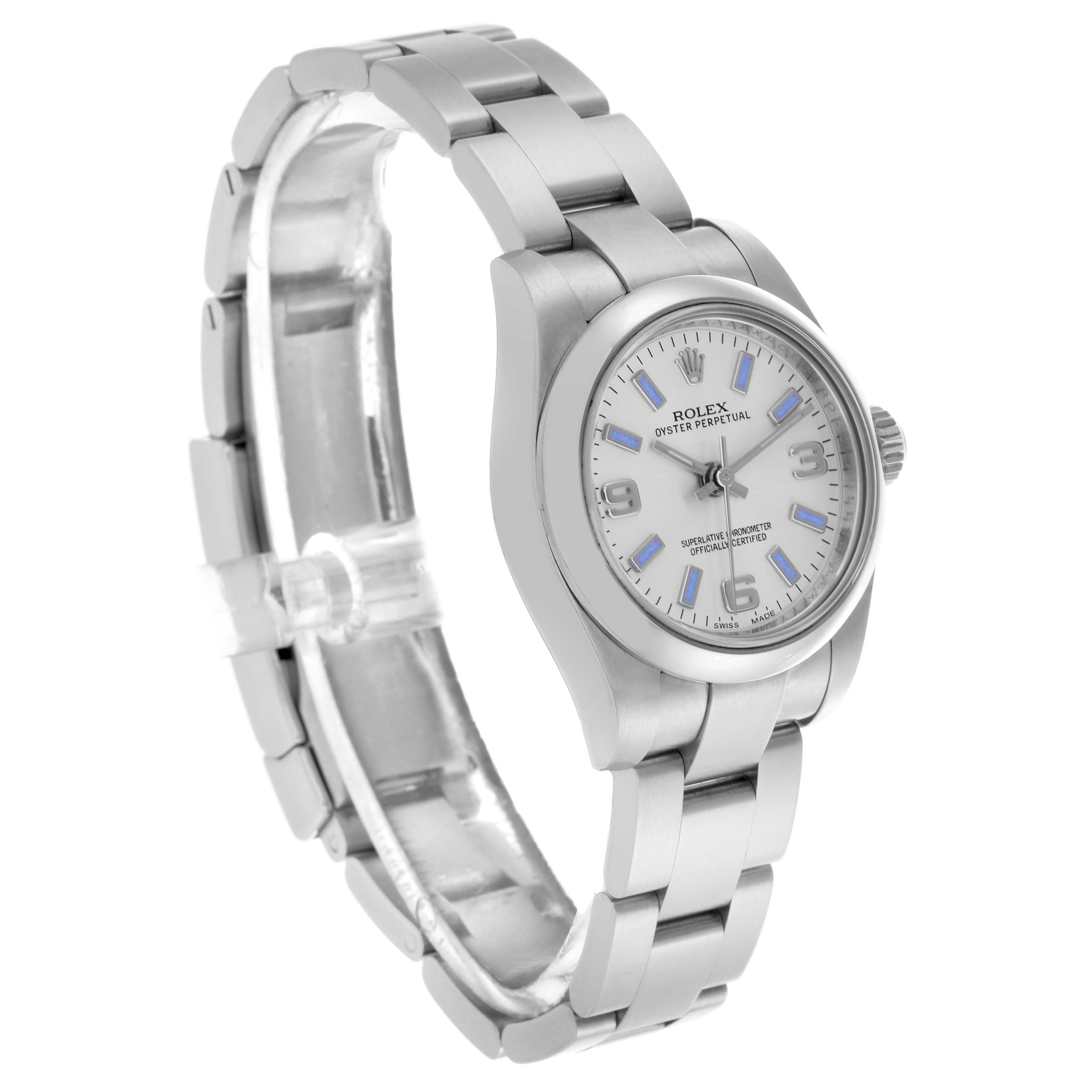 The Rolex Oyster Perpetual 176200 Women's Stainless Steel Silver Dial 176200 Women's Stainless Steel Silver Dial watch is shown at a three-quarter angle, displaying the face, bezel, bracelet, and crown.