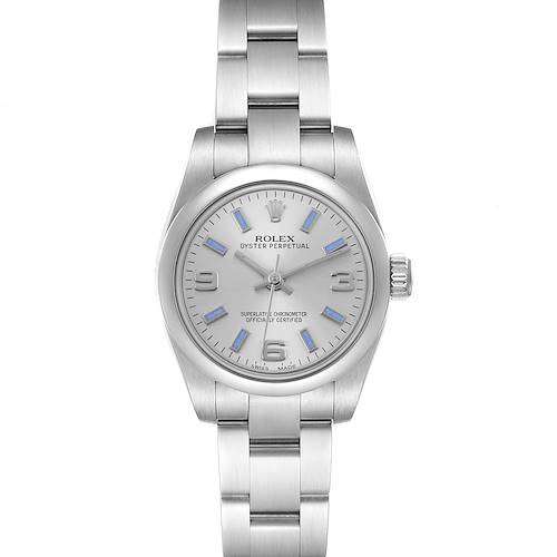 This Rolex Oyster Perpetual 176200 Women's Stainless Steel Silver Dial 176200 Women's Stainless Steel Silver Dial watch is shown from a top-down angle, highlighting the face, bezel, and metal bracelet.