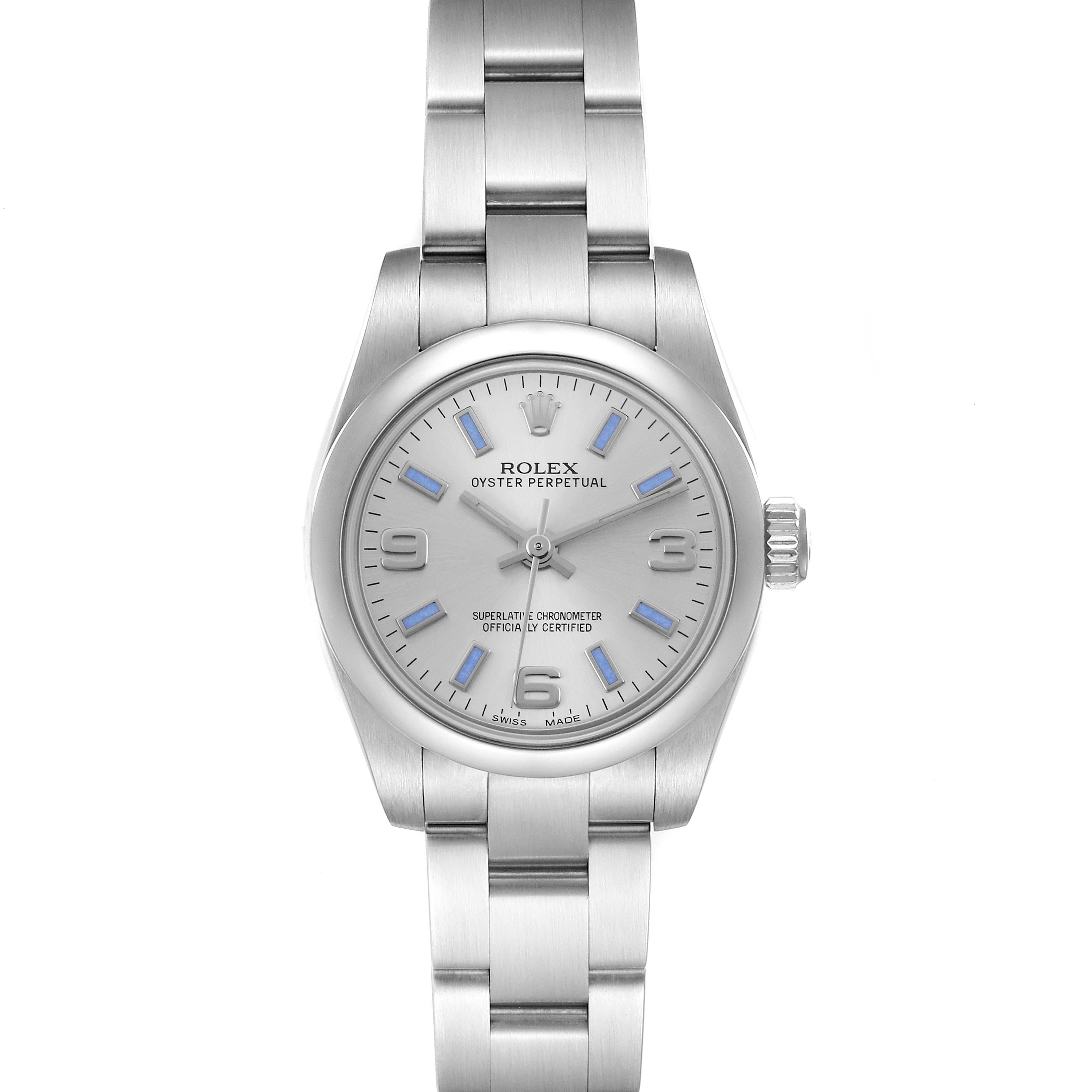 The Rolex Oyster Perpetual 176200 Women's Stainless Steel Silver Dial 176200 Women's Stainless Steel Silver Dial watch is shown from a front angle, displaying the dial, case, crown, and bracelet.
