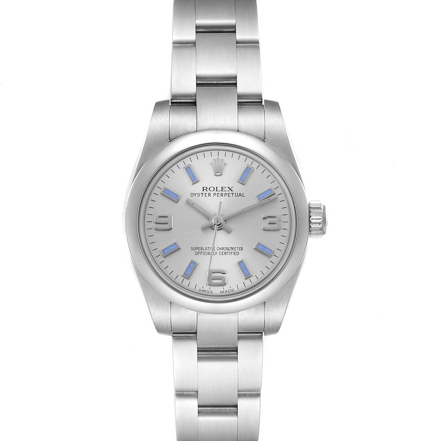 The Rolex Oyster Perpetual 176200 Women's Stainless Steel Silver Dial 176200 Women's Stainless Steel Silver Dial watch is shown from a front angle, displaying the dial, case, crown, and bracelet.