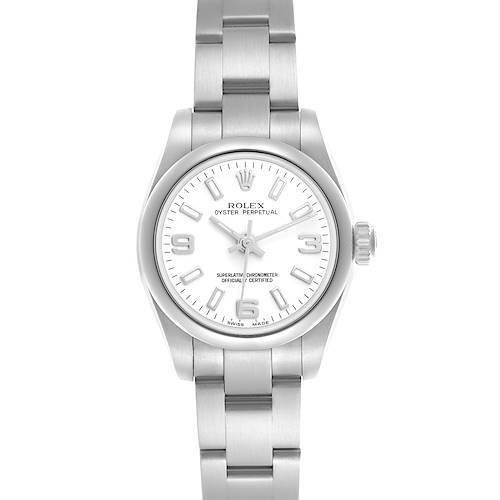 The Rolex Oyster Perpetual 176200 Women's Stainless Steel White Dial 176200 Women's Stainless Steel White Dial watch is shown from a top view, highlighting the dial, bezel, bracelet, and crown.