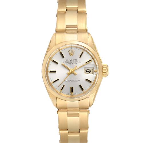 This image shows a front view of a Rolex President 6517 Women's Yellow Gold Silver Dial 6517 Women's Yellow Gold Silver Dial model, including the dial, hands, bracelet, and date window.