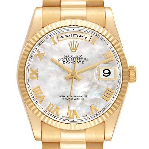 The Rolex President 118238 Men's Yellow Gold Mother of Pearl Dial 118238 Men's Yellow Gold Mother of Pearl Dial model watch is shown from the front, displaying the dial, bezel, and part of the gold bracelet.