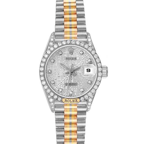 The Rolex President 69159 Women's White Gold Silver Dial 69159 Women's White Gold Silver Dial model is shown from the front, highlighting its dial, bezel, and two-tone bracelet.