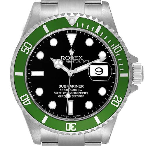 The image shows the front view of a Rolex Submariner 16610LV Men's Stainless Steel Black Dial 16610LV Men's Stainless Steel Black Dial watch, highlighting its dial, bezel, and date window.