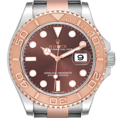 The Rolex Yacht-Master 116621 Men's Steel and Gold (two tone) Brown Dial 116621 Men's Steel and Gold (two tone) Brown Dial watch is shown from the front, highlighting the bezel, dial, and bracelet.