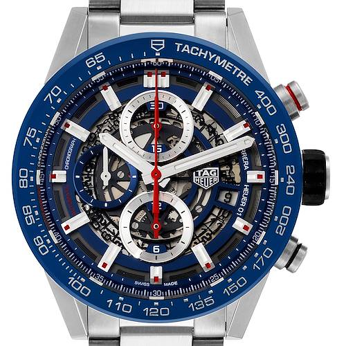 The image shows a front view of a Tag Heuer Carrera CAR201T Men's Stainless Steel Blue Dial CAR201T Men's Stainless Steel Blue Dial watch, detailing its face, chronograph subdials, and tachymeter bezel.