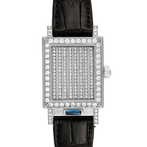 This image shows a top-down view of a Vintage Vacheron Constantin watch with a diamond-encrusted rectangular face and black leather strap.