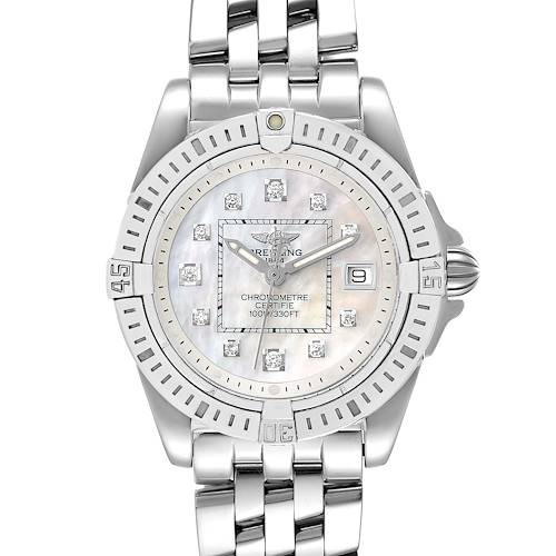 The image shows a front view of the Breitling A71356 Women's Stainless Steel Mother of Pearl Dial A71356 Women's Stainless Steel Mother of Pearl Dial Cockpit Mother of Pearl Diamond Steel Ladies Watch A71356 with its bracelet.