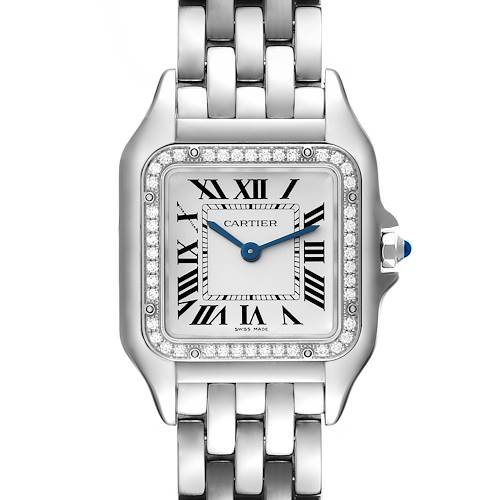 The image shows a front view of a Cartier Panthere W4PN0008 Women's Stainless Steel Silver Dial W4PN0008 Women's Stainless Steel Silver Dial watch, highlighting the dial, bezel, and bracelet.