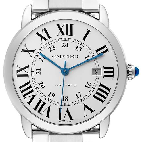 The Cartier Ronde W6701011 Men's Stainless Steel Silver Dial W6701011 Men's Stainless Steel Silver Dial watch is shown from the front, highlighting its dial, Roman numerals, blue hands, date window, and crown.