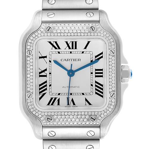 The image shows a front view of the Cartier Santos W4SA0005 Men's Stainless Steel Silver Dial W4SA0005 Men's Stainless Steel Silver Dial watch, highlighting the face, bezel with diamonds, and bracelet.