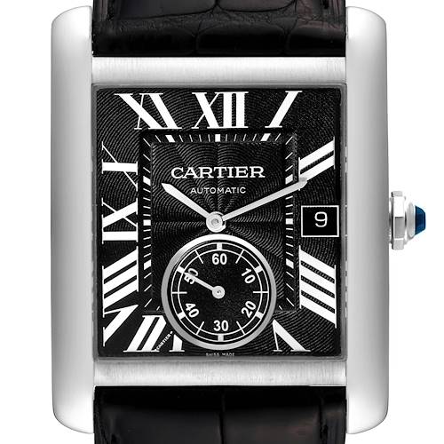 This image shows a close-up of the Tank MC model by Cartier, highlighting the black dial, Roman numerals, date window, and subdial.