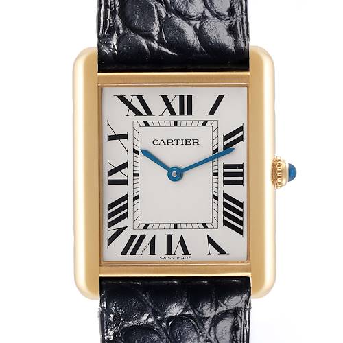 This Cartier Tank Solo W5200004 Men's Steel and Gold (two tone) Silver Dial W5200004 Men's Steel and Gold (two tone) Silver Dial watch is shown from the front, highlighting the rectangular face, Roman numerals, and black leather strap.