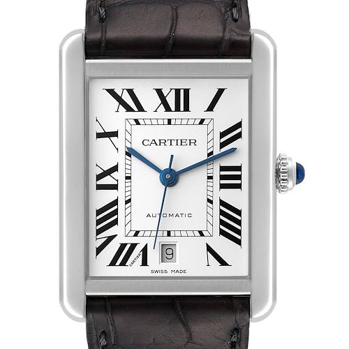 This image shows a front view of the Cartier Tank Solo WSTA0029 Men's Stainless Steel Silver Dial WSTA0029 Men's Stainless Steel Silver Dial watch, highlighting the dial, Roman numerals, hands, and date window.
