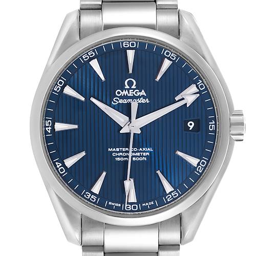The Omega Aqua Terra 231.10.42.21.03.003 Men's Stainless Steel Blue Dial 231.10.42.21.03.003 Men's Stainless Steel Blue Dial watch is shown from a front angle, displaying the face, bezel, crown, and part of the bracelet.