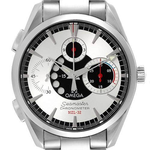 The Omega Aqua Terra 2513.30.00 Men's Stainless Steel Silver Dial 2513.30.00 Men's Stainless Steel Silver Dial watch is shown from the front, displaying its face, hands, and chronograph dials.
