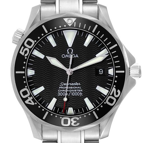 The image shows a front view of an Omega Seamaster 2254.50.00 Men's Stainless Steel Black Dial 2254.50.00 Men's Stainless Steel Black Dial watch, highlighting its black dial, hands, date window, and a stainless steel bracelet.