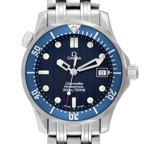 This is a front view of an Omega Seamaster 2561.80.00 Men's Stainless Steel Blue Dial 2561.80.00 Men's Stainless Steel Blue Dial watch showing the dial, bezel, crown, and a portion of the bracelet.