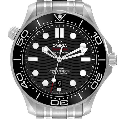 This is a frontal view of the Omega Seamaster 210.30.42.20.01.001 Men's Stainless Steel Black Dial 210.30.42.20.01.001 Men's Stainless Steel Black Dial watch, showcasing its dial, bezel, crown, and partial bracelet.