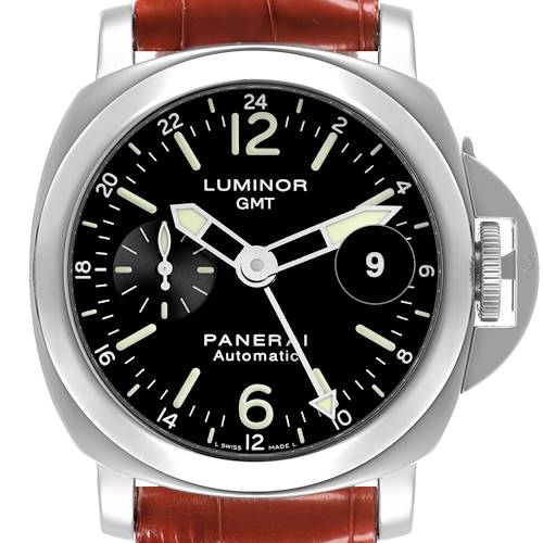 The Panerai Luminor PAM00237 Men's Stainless Steel Black Dial PAM00237 Men's Stainless Steel Black Dial watch is shown from a front angle, highlighting the dial, hands, and crown guard.