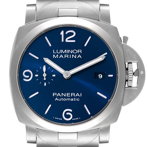 The image shows a frontal view of the Panerai Luminor PAM01316 Men's Stainless Steel Blue Dial PAM01316 Men's Stainless Steel Blue Dial Marina watch, displaying its blue dial, date window, and stainless steel bracelet.