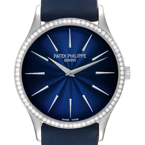 This is a front view of the Patek Philippe Calatrava 4897G-001 Women's White Gold Blue Dial 4897G-001 Women's White Gold Blue Dial watch, showcasing its blue dial, diamond bezel, and metallic hands.