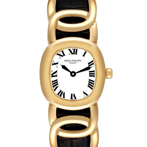 The image shows a frontal view of a Patek Philippe Golden Ellipse 4830 Women's Yellow Gold White Dial 4830 Women's Yellow Gold White Dial watch, highlighting its gold case, black leather strap, and Roman numeral dial.
