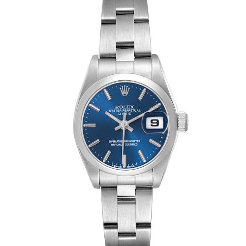 The Rolex Date 69160 Women's Stainless Steel Blue Dial 69160 Women's Stainless Steel Blue Dial model is shown from the front, displaying the dial, hour markers, hands, bracelet, and crown.