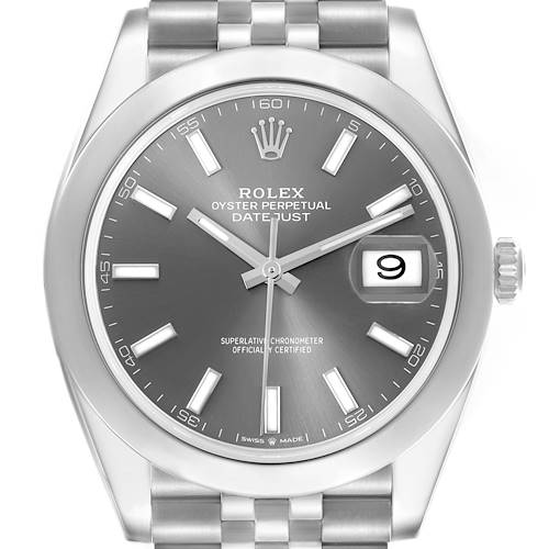 This image shows a front view of the Rolex Datejust 41 126300 Men's Stainless Steel Grey Dial 126300 Men's Stainless Steel Grey Dial, displaying the face, bezel, and part of the bracelet.