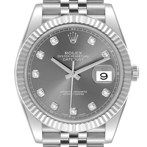 The Rolex Datejust 41 126334 Men's Stainless Steel Grey Dial 126334 Men's Stainless Steel Grey Dial is shown from a front angle, highlighting its dial, fluted bezel, and Jubilee bracelet.