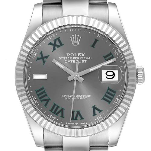 The Rolex Datejust 41 126334 Men's Stainless Steel Grey Dial 126334 Men's Stainless Steel Grey Dial watch is shown from a front angle, highlighting the dial, bezel, and part of the bracelet.