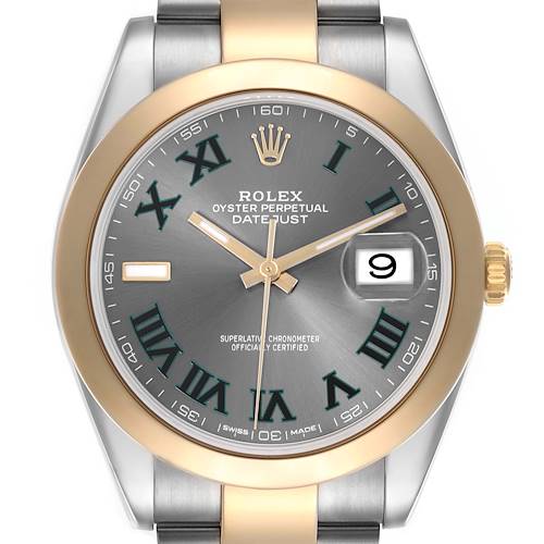 The Rolex Datejust 41 126303 Men's Steel and Gold (two tone) Grey Dial 126303 Men's Steel and Gold (two tone) Grey Dial watch is shown from the front, highlighting the dial, bezel, and part of the bracelet.