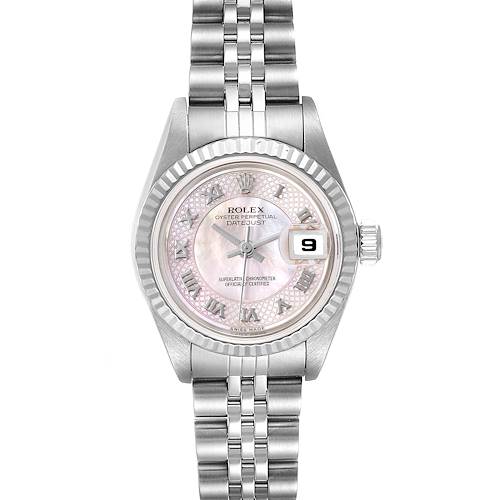 The image shows a front view of a Rolex Datejust 79174 Women's Stainless Steel Mother of Pearl Dial 79174 Women's Stainless Steel Mother of Pearl Dial watch displaying its dial, bezel, crown, and oyster bracelet.