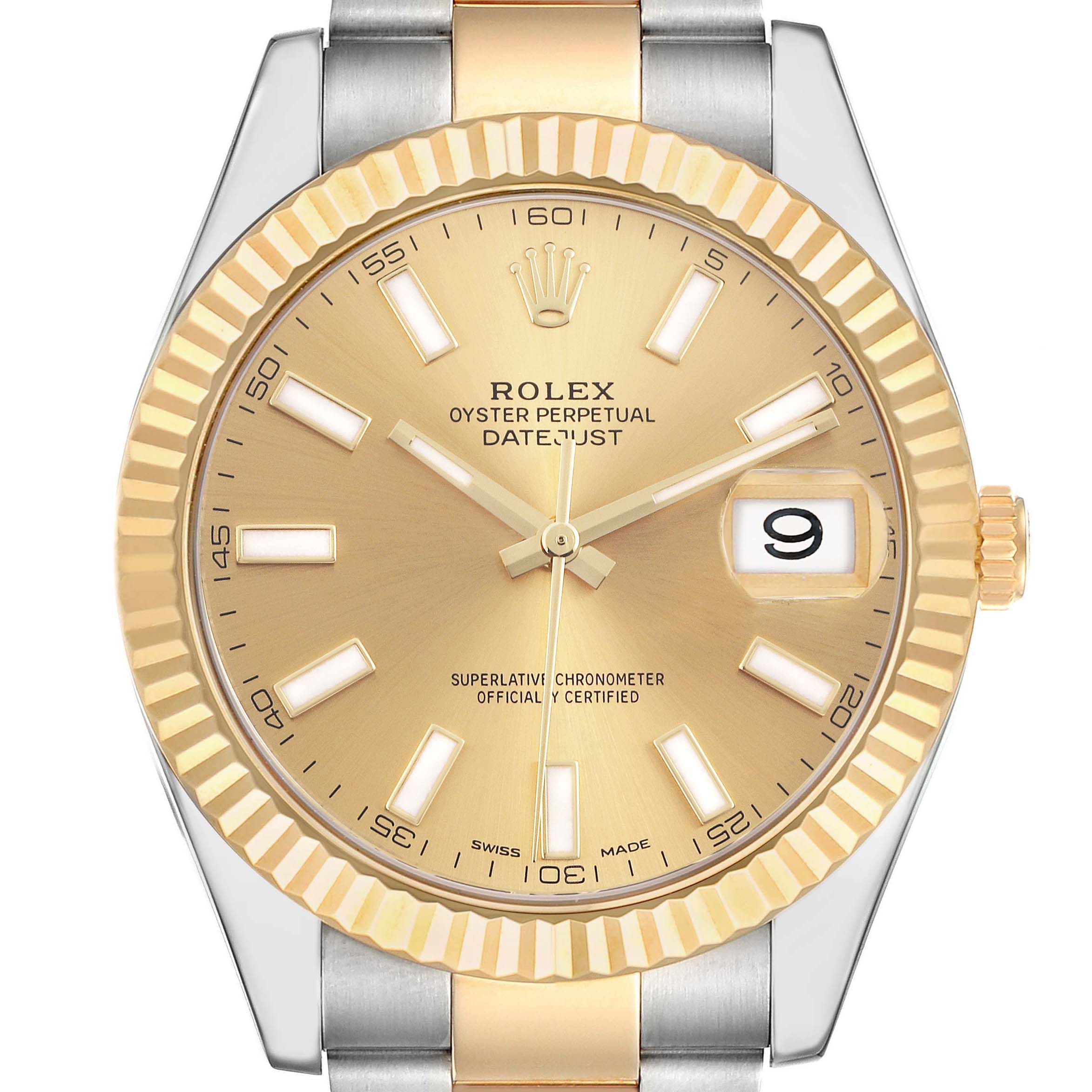 The Rolex Datejust 41 116333 Men's Steel and Gold (two tone) Champagne Dial 116333 Men's Steel and Gold (two tone) Champagne Dial is shown from the front, highlighting its gold dial, fluted bezel, and part of the bracelet.