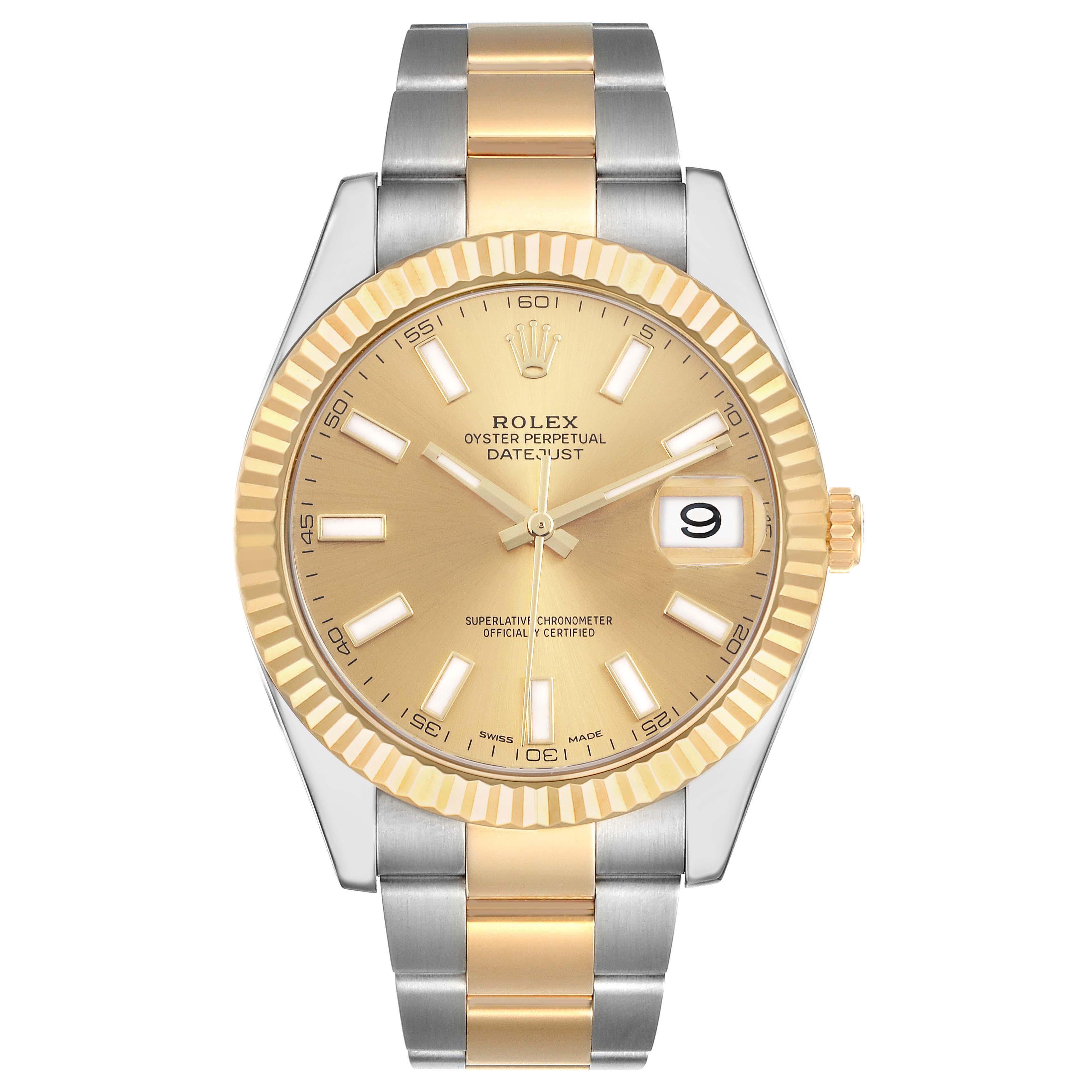 The Rolex Datejust 41 116333 Men's Steel and Gold (two tone) Champagne Dial 116333 Men's Steel and Gold (two tone) Champagne Dial is shown from a top-down angle, highlighting its gold and silver bracelet, gold bezel, and champagne dial.