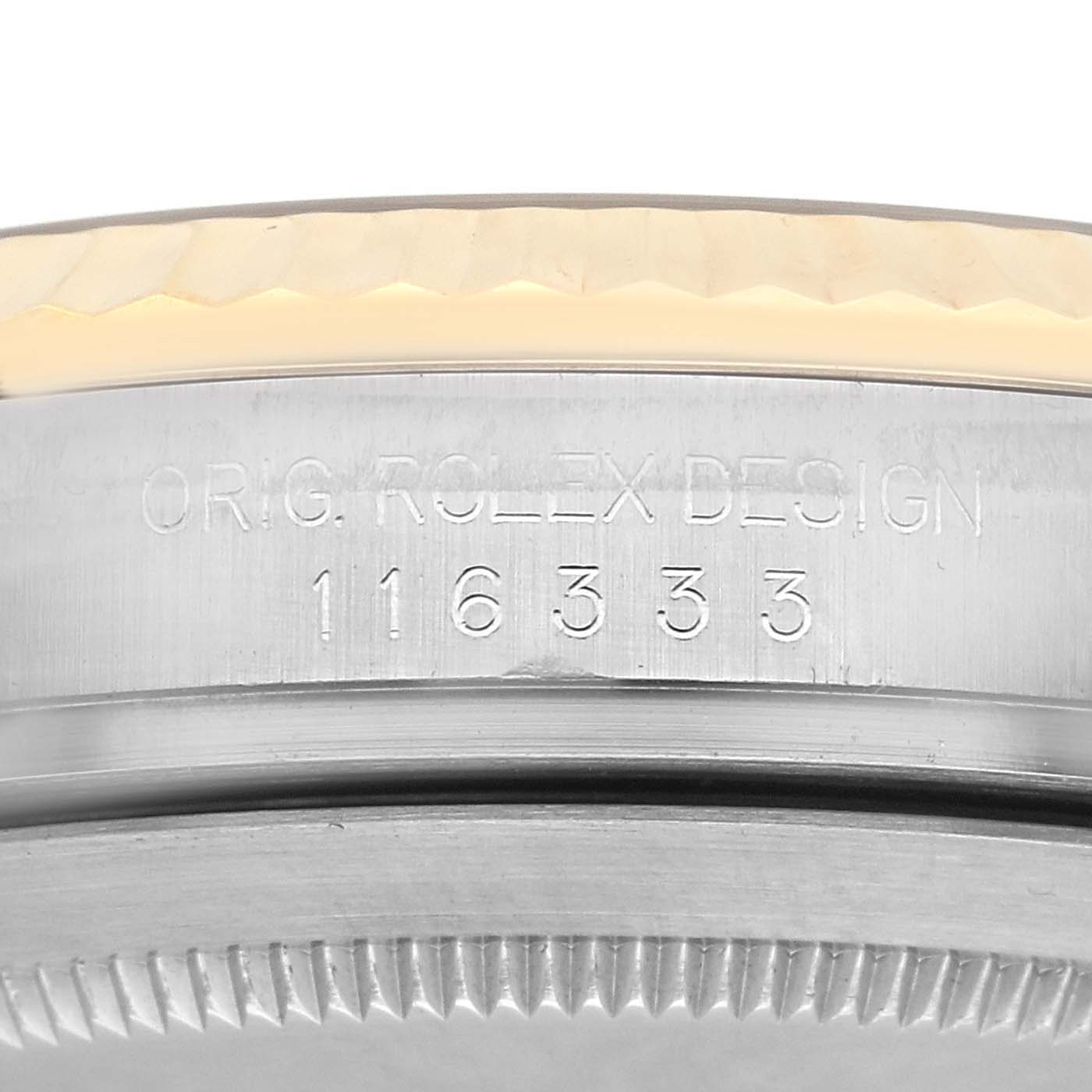 The image shows a close-up side view of the case side with the "ORIG. ROLEX DESIGN" engraving and reference number on the Rolex Datejust 41 116333 Men's Steel and Gold (two tone) Champagne Dial 116333 Men's Steel and Gold (two tone) Champagne Dial.