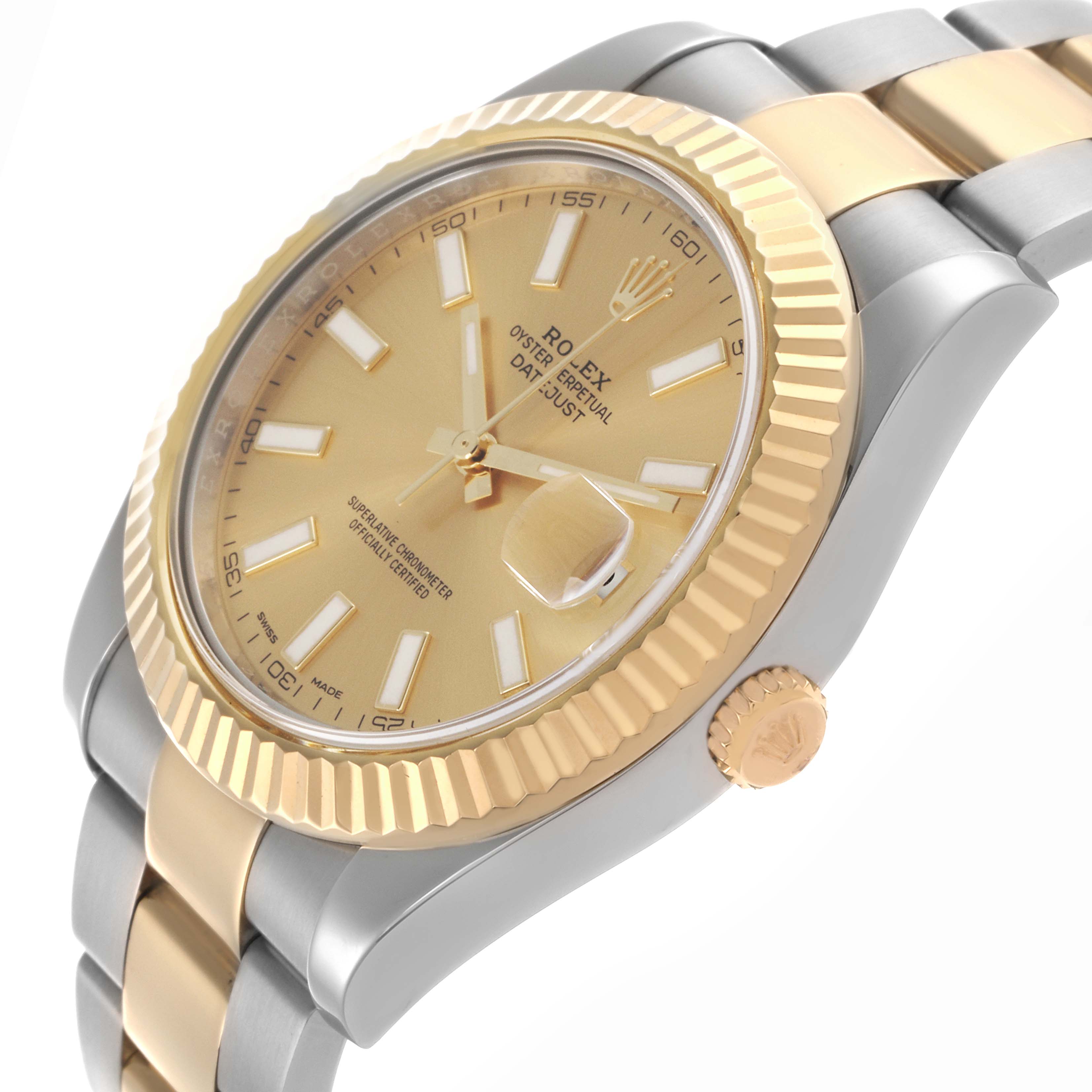 The Rolex Datejust 41 116333 Men's Steel and Gold (two tone) Champagne Dial 116333 Men's Steel and Gold (two tone) Champagne Dial is shown at a slight angle highlighting the dial, fluted bezel, crown, and two-tone bracelet.