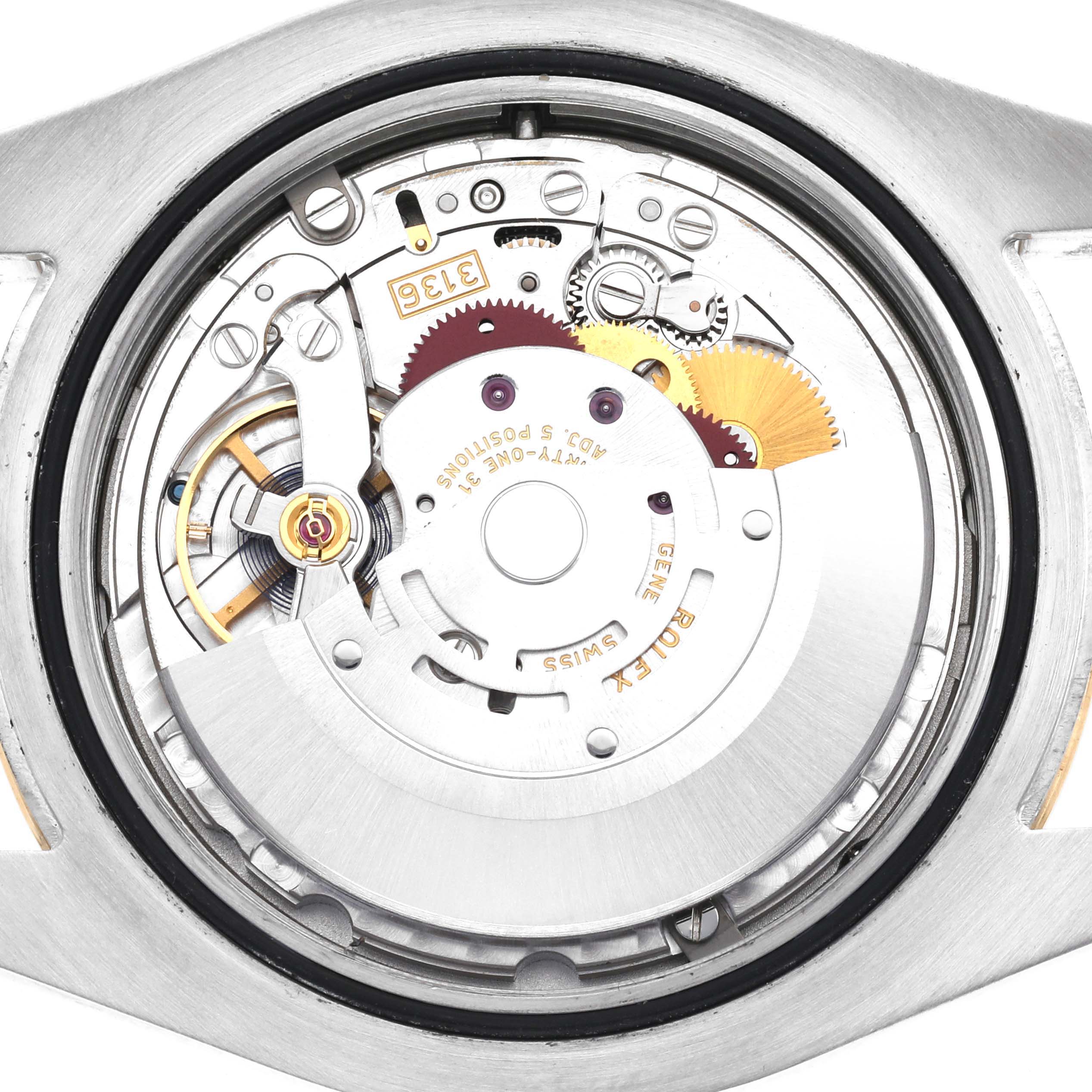 The image shows the back view of the Rolex Datejust 41 116333 Men's Steel and Gold (two tone) Champagne Dial 116333 Men's Steel and Gold (two tone) Champagne Dial, highlighting the movement and internal mechanics.