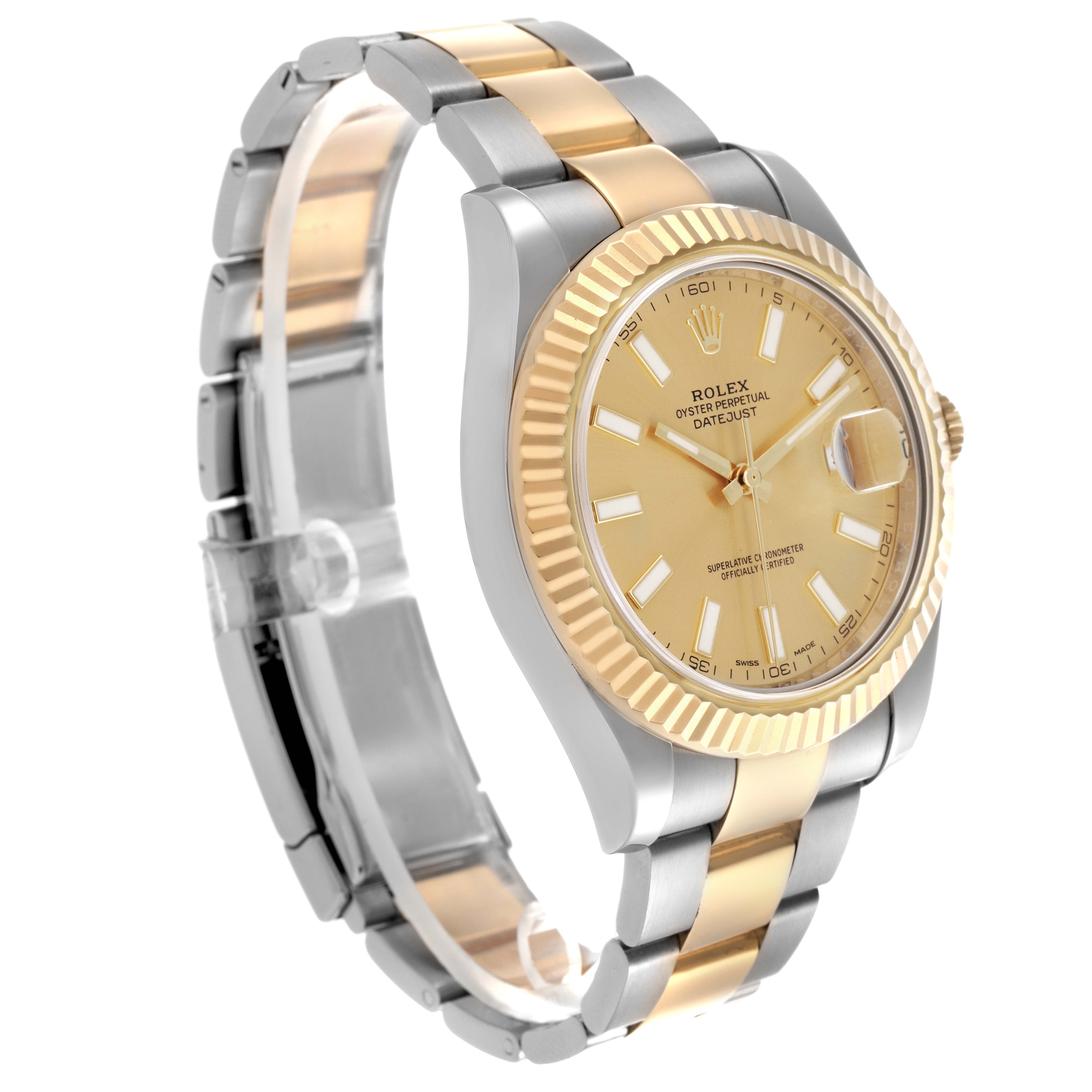 The Rolex Datejust 41 116333 Men's Steel and Gold (two tone) Champagne Dial 116333 Men's Steel and Gold (two tone) Champagne Dial watch is shown from a three-quarter angle, highlighting the gold and silver bracelet, dial, and fluted bezel.