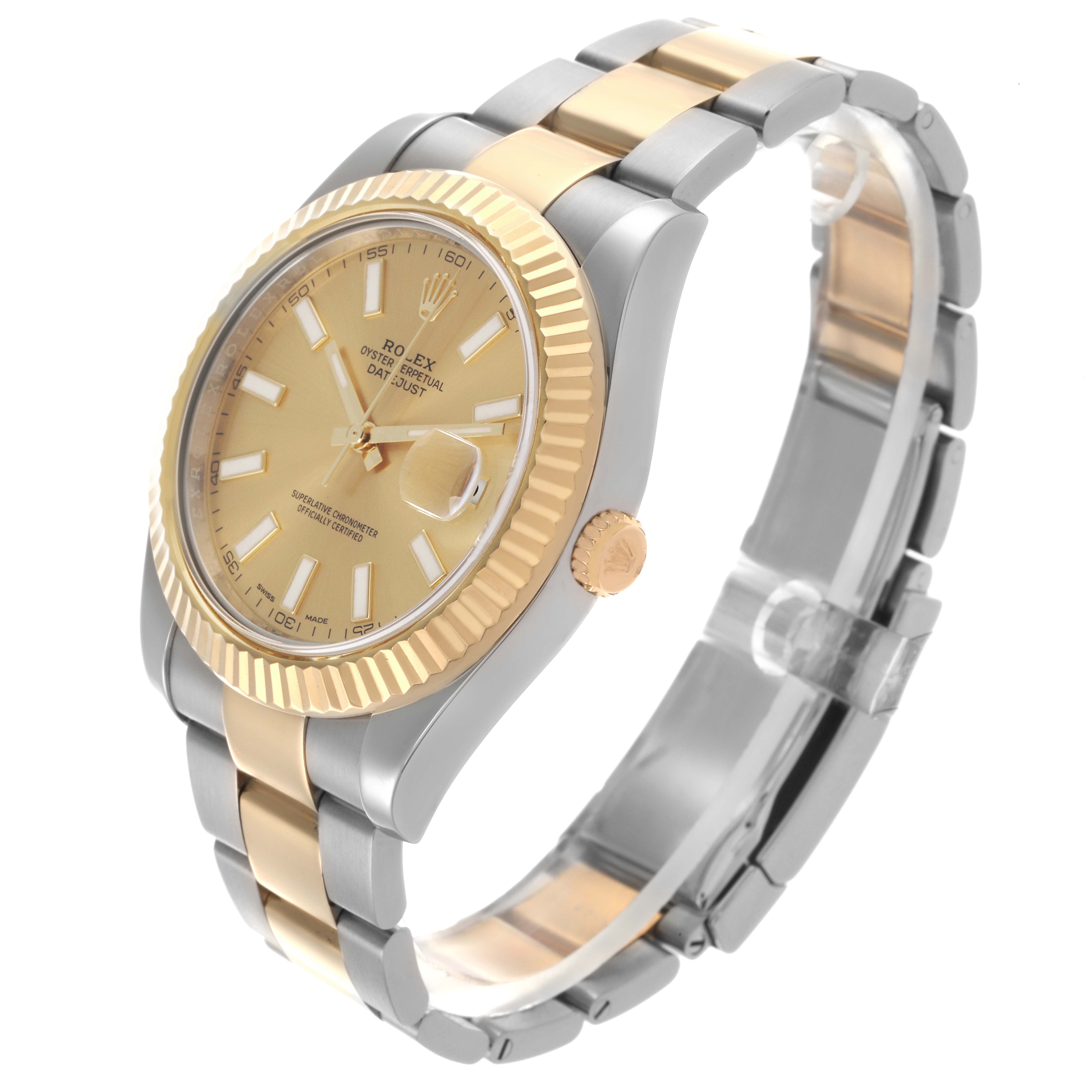 The Rolex Datejust 41 116333 Men's Steel and Gold (two tone) Champagne Dial 116333 Men's Steel and Gold (two tone) Champagne Dial is shown at an angle highlighting the dial, bracelet, and fluted bezel, featuring a two-tone design.