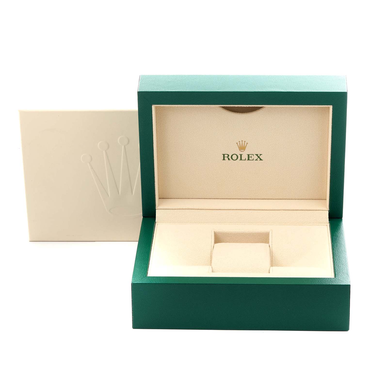 The image shows an open green and beige Rolex box, likely for a Datejust 41 model, with the brand logo inside the lid.