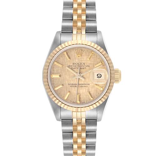 The Rolex Datejust 69173 Women's Steel and Gold (two tone) Champagne Dial 69173 Women's Steel and Gold (two tone) Champagne Dial watch is shown from a top-down angle, displaying the dial, bezel, case, bracelet, and crown.