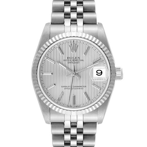 The image shows a front view of a Mid-Size Rolex Datejust watch, highlighting its dial, bezel, and bracelet.